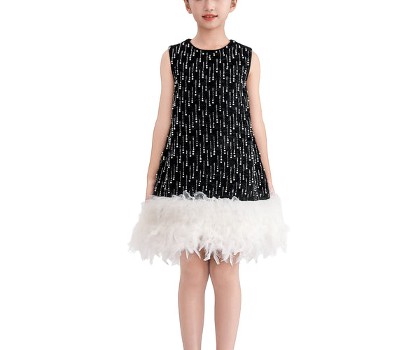 Black & White Feathered Glam Dress 3Y/4Y / Black