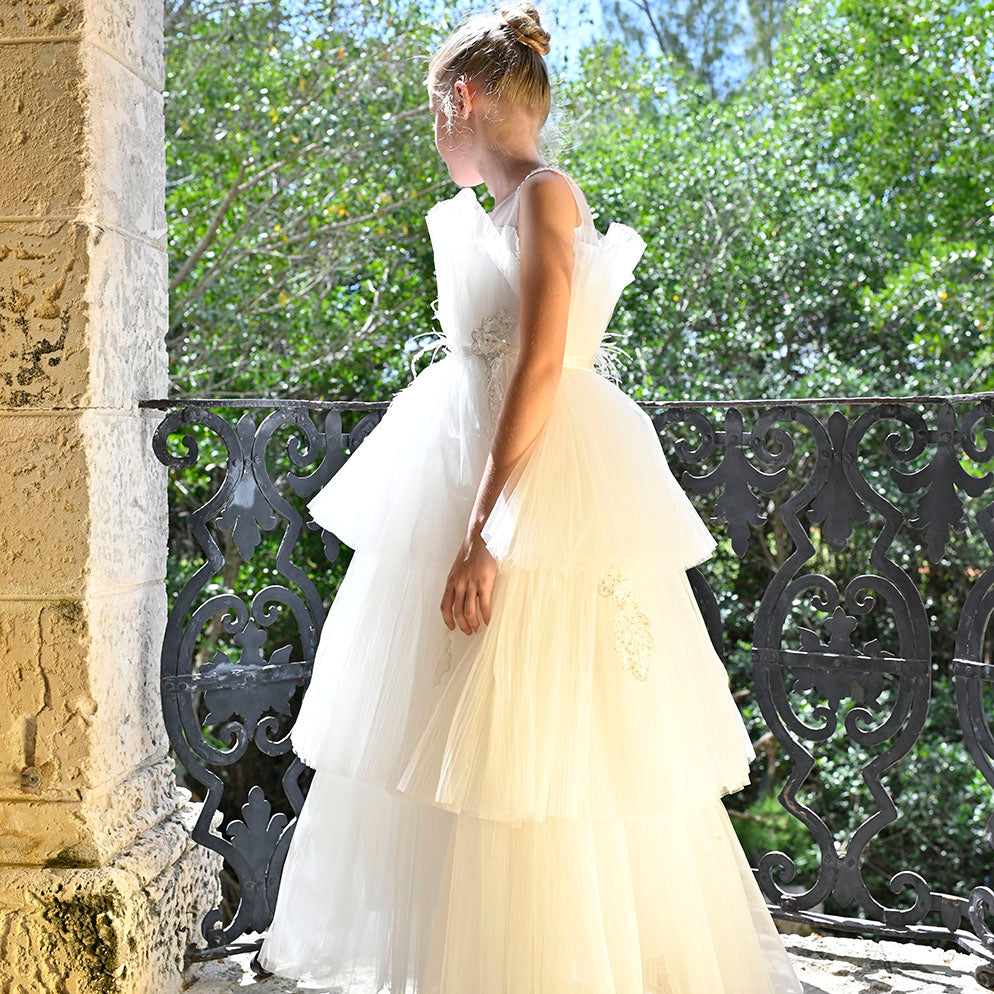 couture girls dresses from Tulleen White ruffles Tulle for special occasions for kid girls in a majestic garden