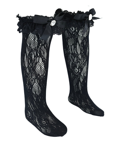 Rhinestone Lace Trim Bow Socks