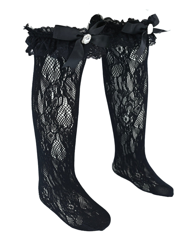 Rhinestone Lace Trim Bow Socks