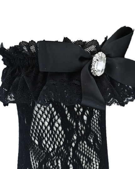 Rhinestone Lace Trim Bow Socks