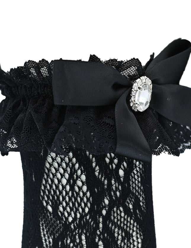 Rhinestone Lace Trim Bow Socks