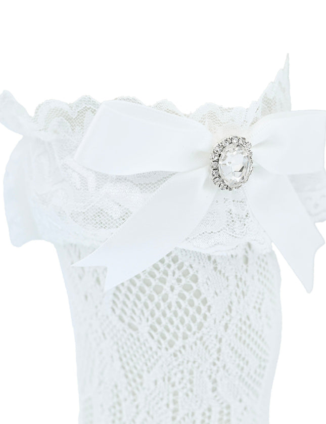 Rhinestone Lace Trim Bow Socks