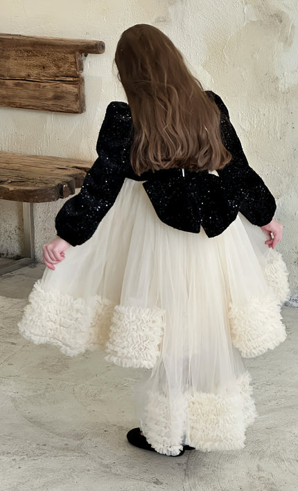 Black Glitter Bow-Back Tulle Gown