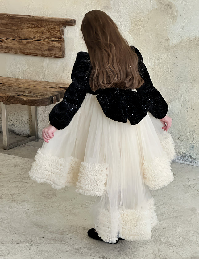 Black Glitter Bow-Back Tulle Gown