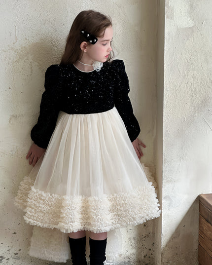 Black Glitter Bow-Back Tulle Gown