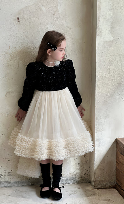 Black Glitter Bow-Back Tulle Gown