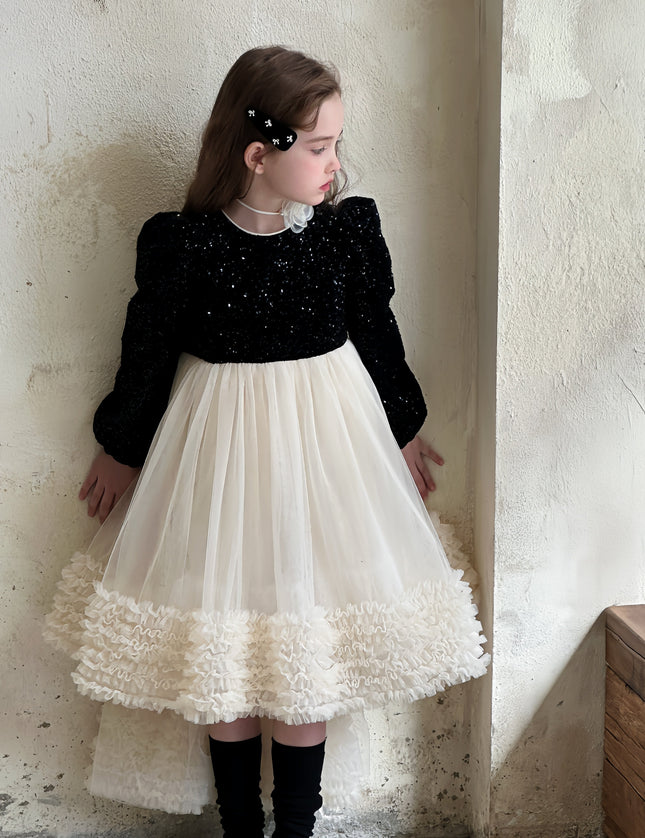 Black Glitter Bow-Back Tulle Gown