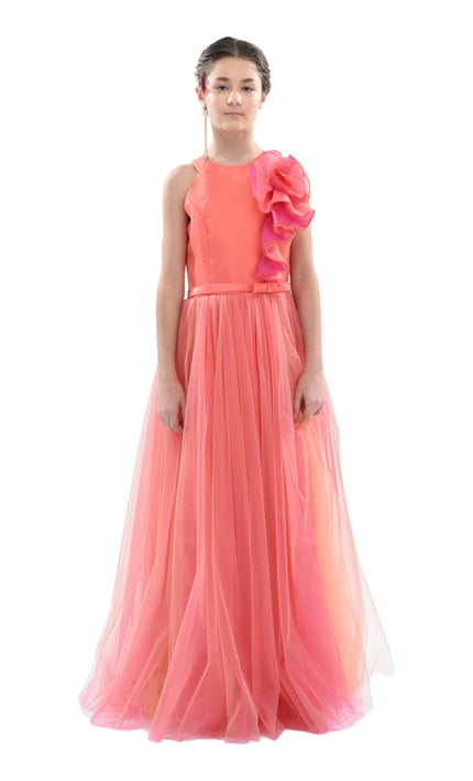 Orange Malaga Halter Ruffle Gown