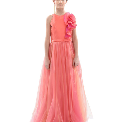 Orange Malaga Halter Ruffle Gown