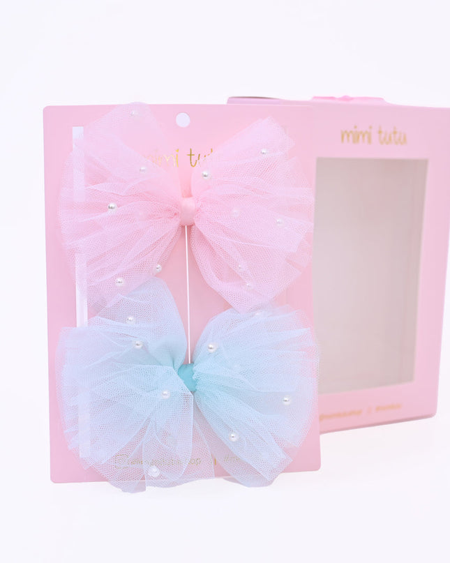 Tulle Bow Pearl Accented Hairclip Set