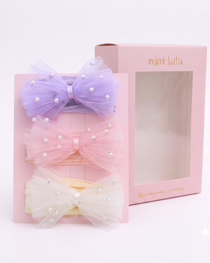 Multicolor Elastic Tulle Pearl Bow Headband Set