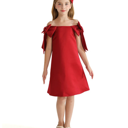 Red Luneta Off Shoulder Bow Dress