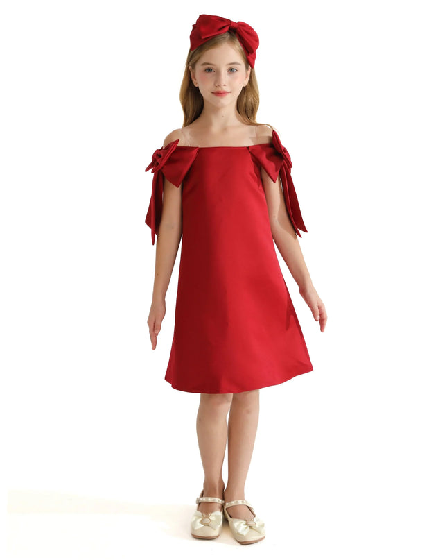 Red Luneta Off Shoulder Bow Dress