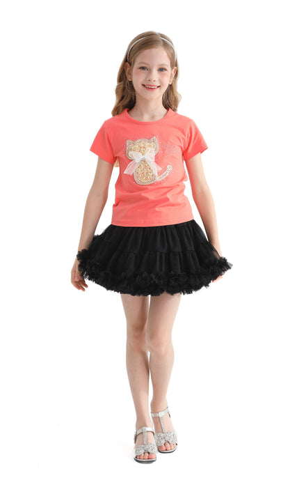 Orange Cat Applique T-Shirt