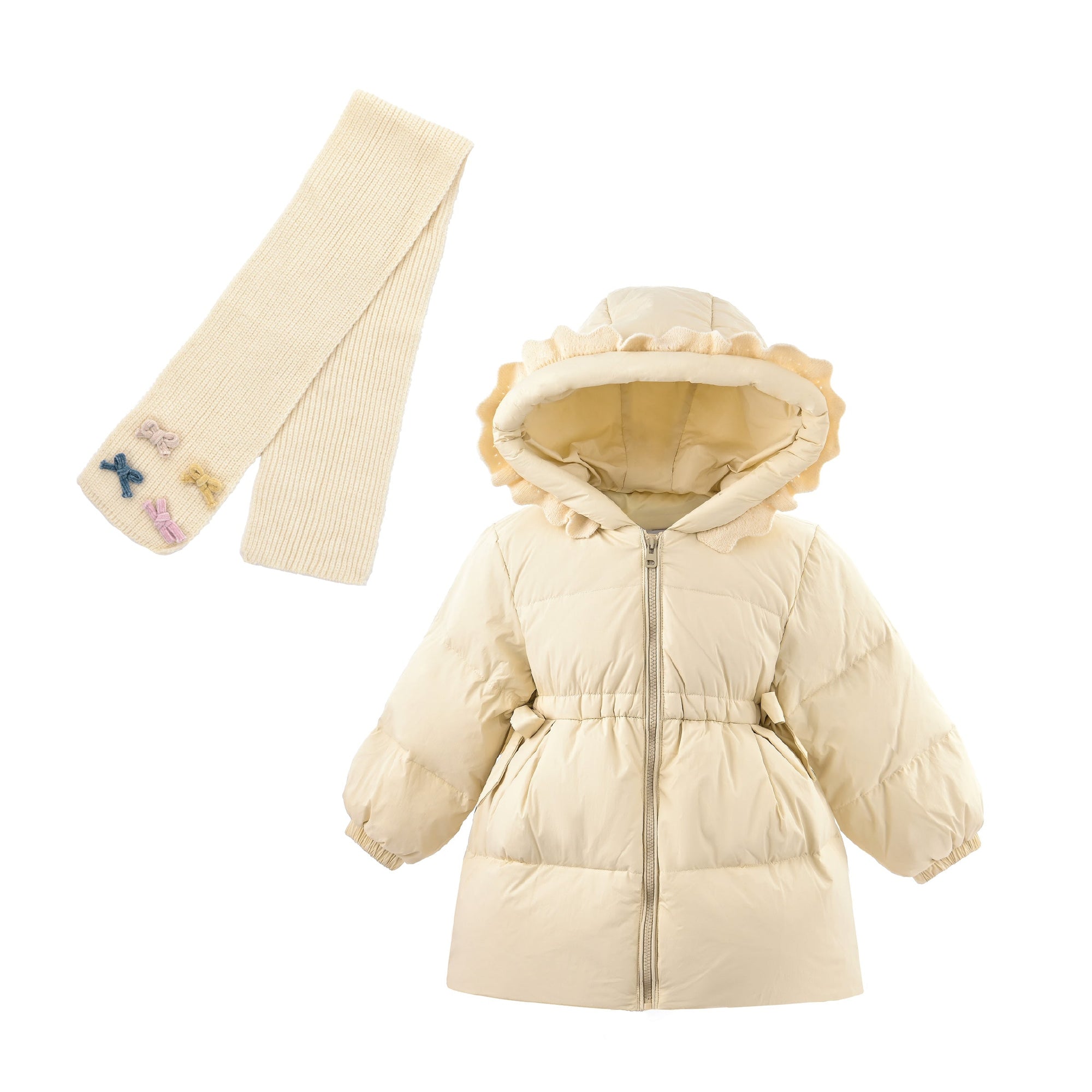 Beige Ruffle-Hood Coat with Matching Scarf - Tulleen.com