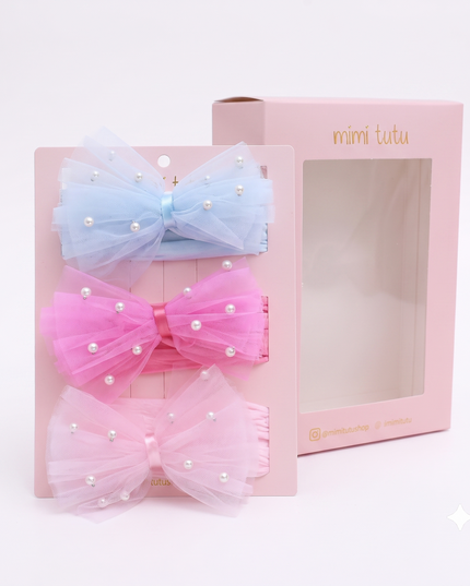 kids atelier mimi tutu Multicolor Elastic Tulle Pearl Bow Headband Set