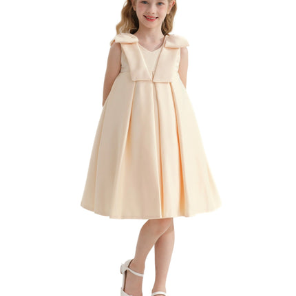 Champagne Gold Palermo Satin Bow Pleated Dress