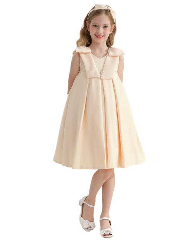 Champagne Gold Palermo Satin Bow Pleated Dress