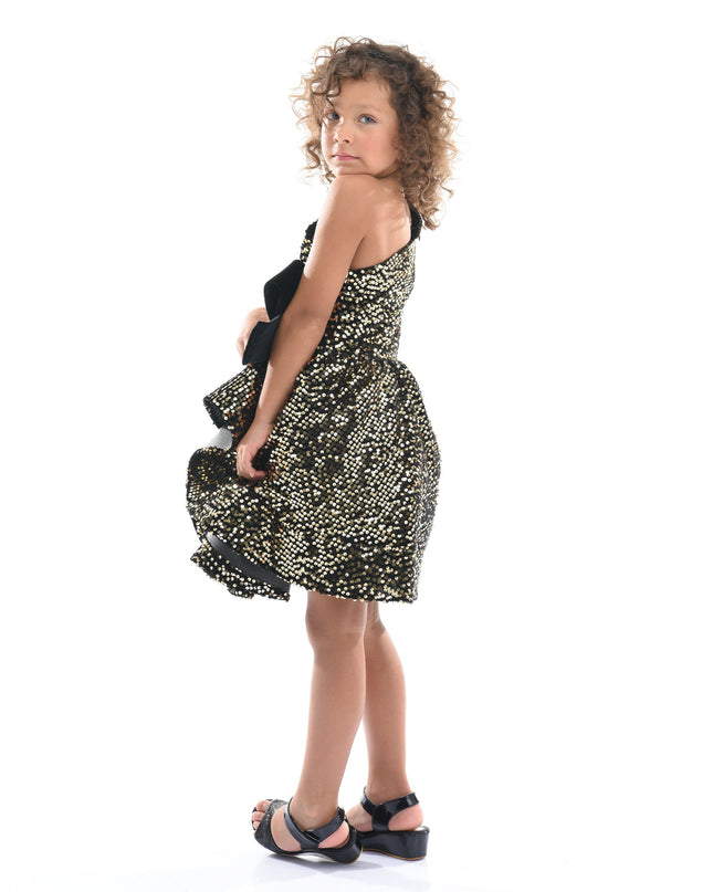 Black Gold Sequin Bow Zoria Dress