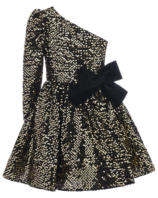 Black Gold Sequin Bow Zoria Dress