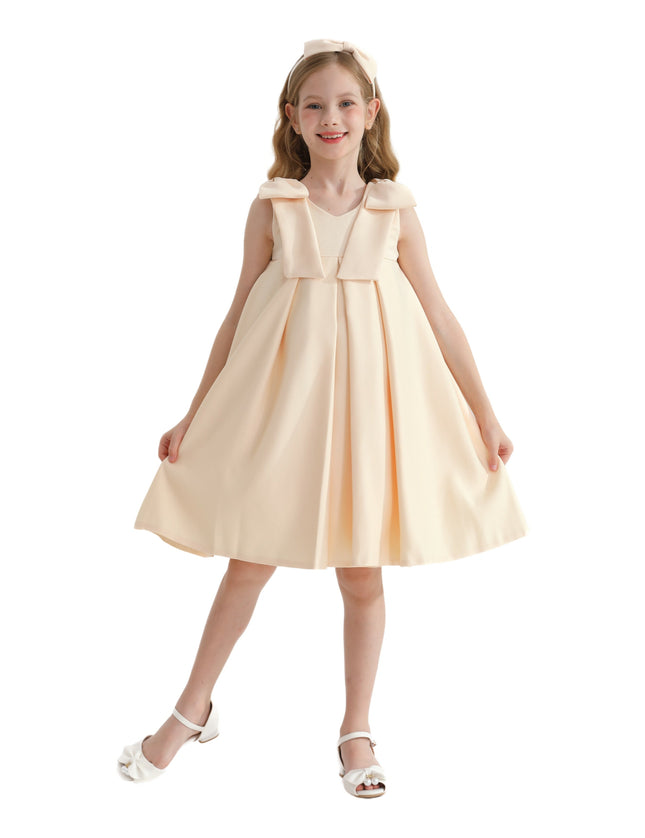 Champagne Gold Palermo Satin Bow Pleated Dress