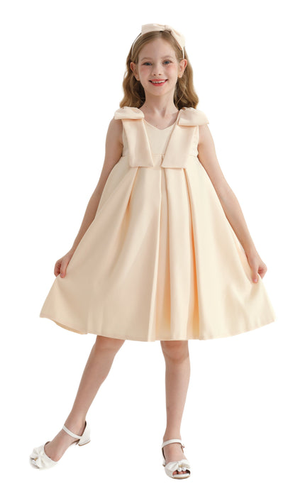 Champagne Gold Palermo Satin Bow Pleated Dress