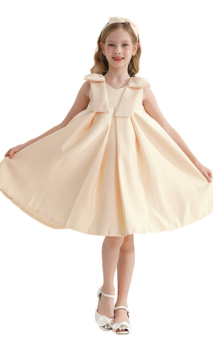 Champagne Gold Palermo Satin Bow Pleated Dress