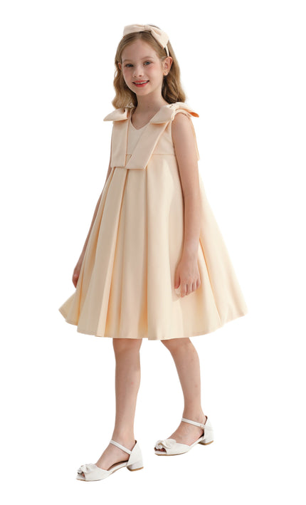 Champagne Gold Palermo Satin Bow Pleated Dress
