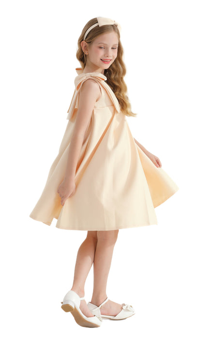 Champagne Gold Palermo Satin Bow Pleated Dress
