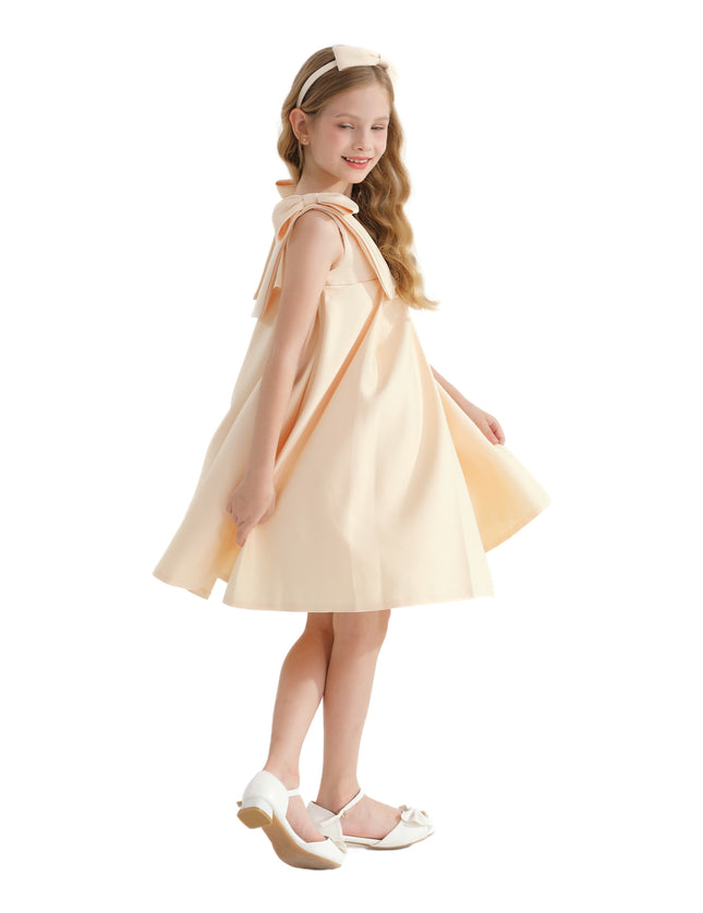 Champagne Gold Palermo Satin Bow Pleated Dress