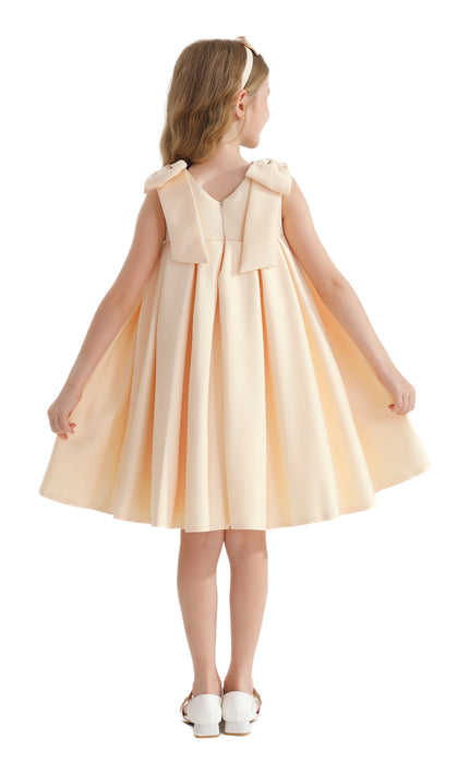 Champagne Gold Palermo Satin Bow Pleated Dress