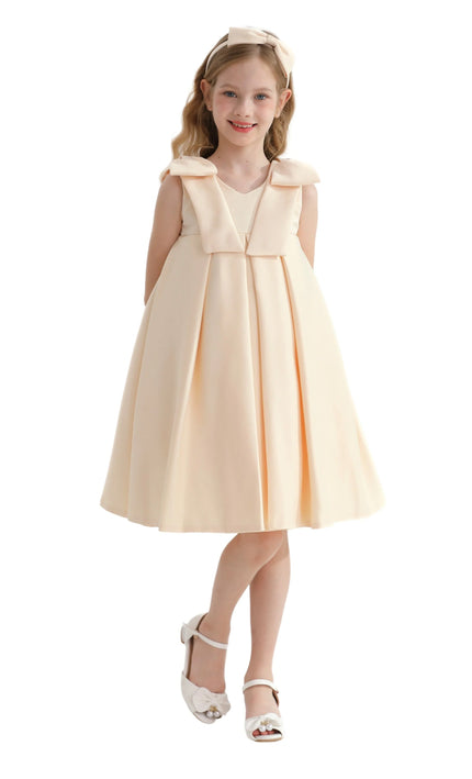 Champagne Gold Palermo Satin Bow Pleated Dress