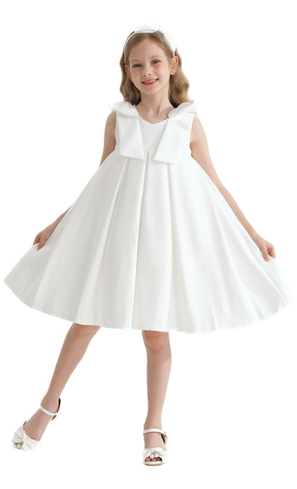 Ivory Palermo Satin Bow Pleated Dress