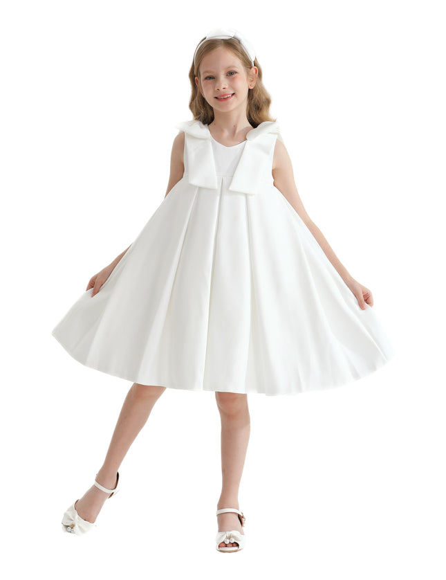 Ivory Palermo Satin Bow Pleated Dress