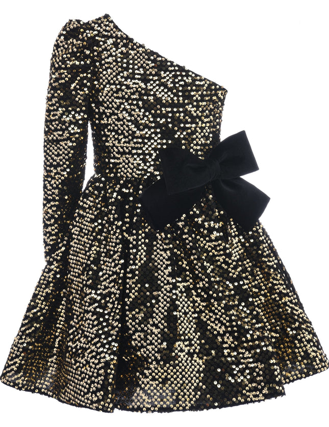 Black Gold Sequin Bow Zoria Dress