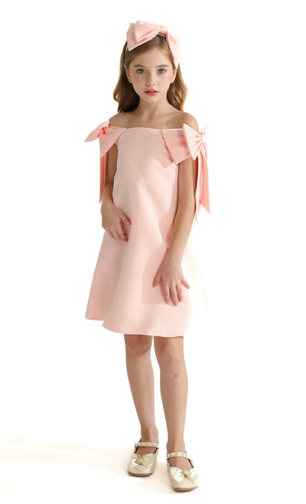 Pink Luneta Off-Shoulder Bow Dress