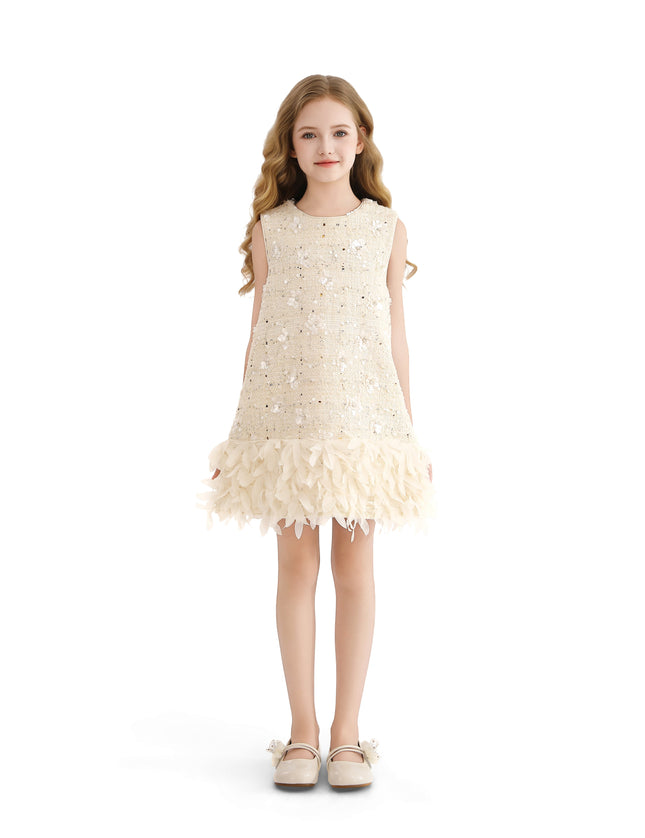 kids atelier tulleen Cream Sequin Feather-Hem Dress