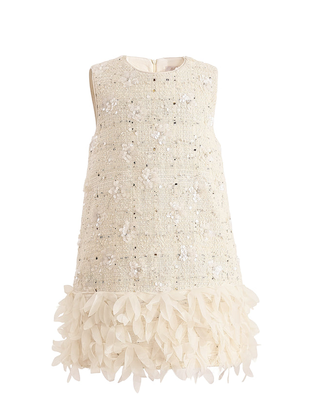 kids atelier tulleen Cream Sequin Feather-Hem Dress