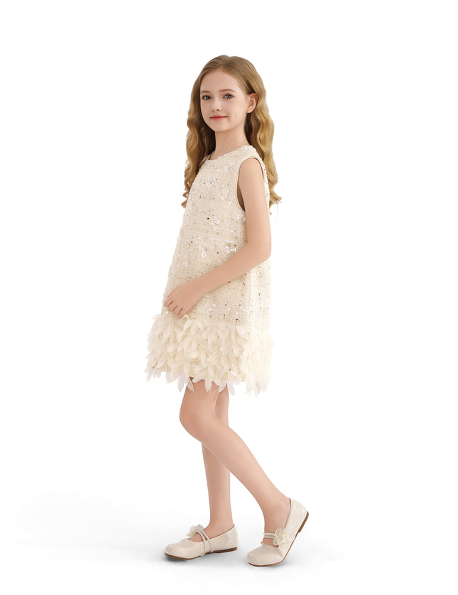 kids atelier tulleen Cream Sequin Feather-Hem Dress