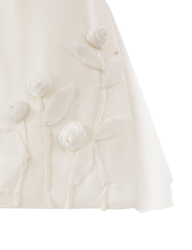 kids atelier tulleen White Satin Dress with Floral Accents