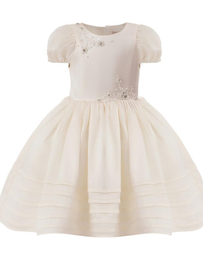 kids atelier tulleen Ivory Floral-Embroidered Pleated Dress