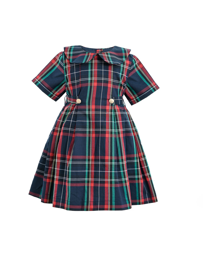 kids atelier tulleen Navy & Red Plaid Button-Waist Dress