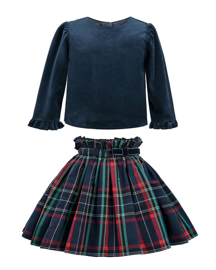 kids atelier tulleen Navy & Plaid Two-Piece Bow Skirt Set