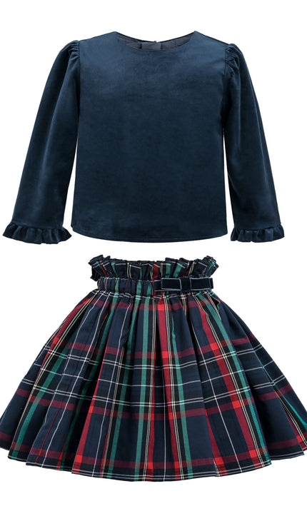 kids atelier tulleen Navy & Plaid Two-Piece Bow Skirt Set