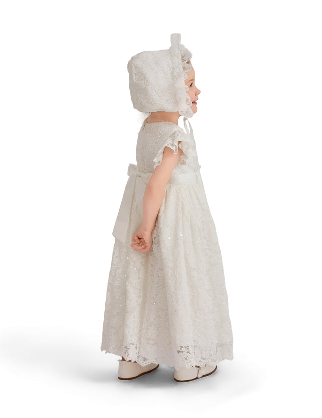 kids atelier tulleen White Velloria Lace Christening Dress with Bonnet