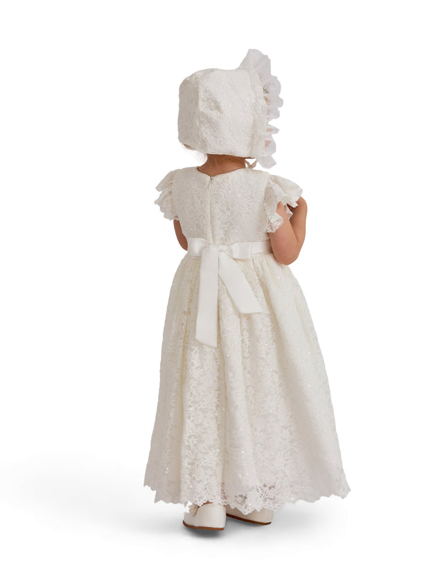 kids atelier tulleen White Velloria Lace Christening Dress with Bonnet