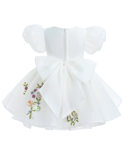 kids atelier tulleen White Embroidered Puff Sleeve Dress