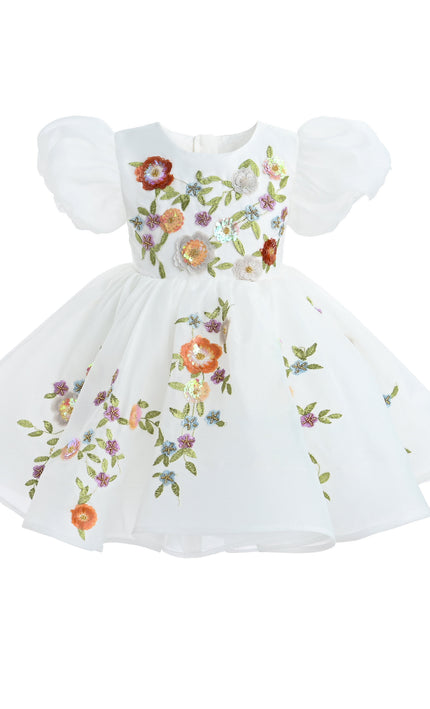 KA-tulleen BG White Embroidered Puff Sleeve Dress