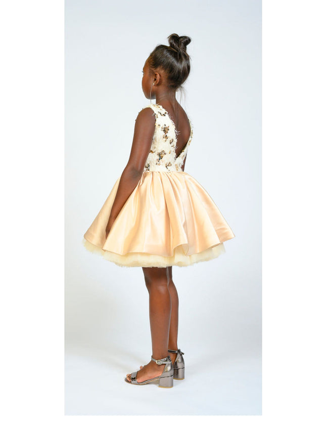 kidsatelier-tulleen-SS19406-CHAMPAGNE-tulleen- metallic-Gold-short-satin-champagne-dress- glamour 